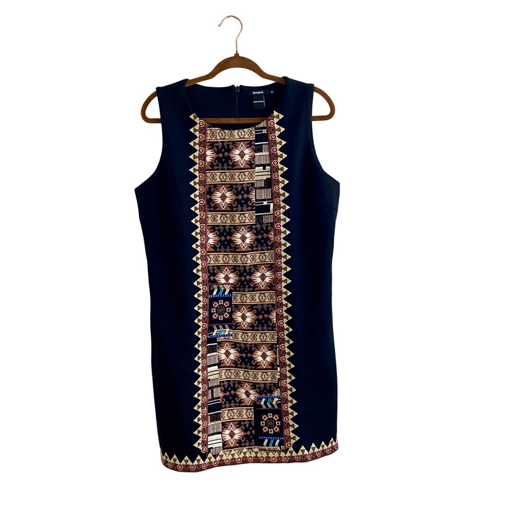 Desigual Black Southwestern Jacquard Knit Shift Dress Size 46 US 14 Sleeveless